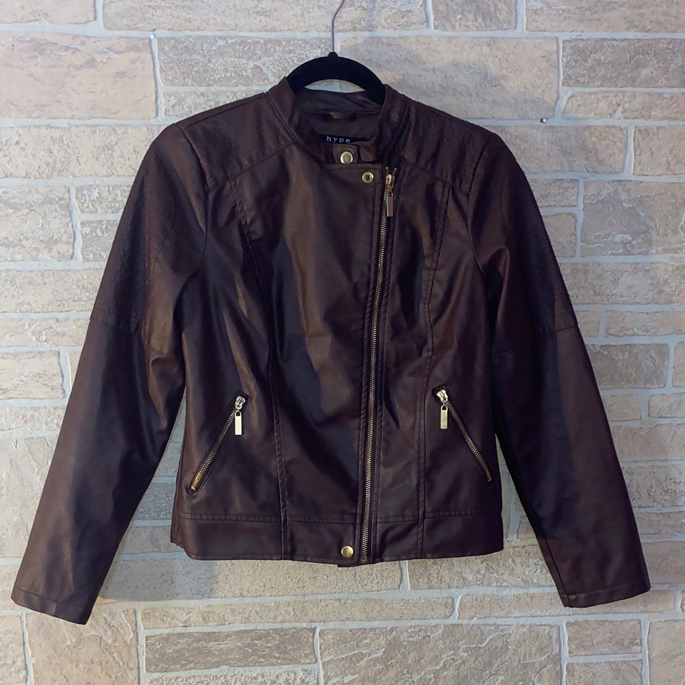 Hype Dark Brown Faux Leather Jacket with Gold Accents